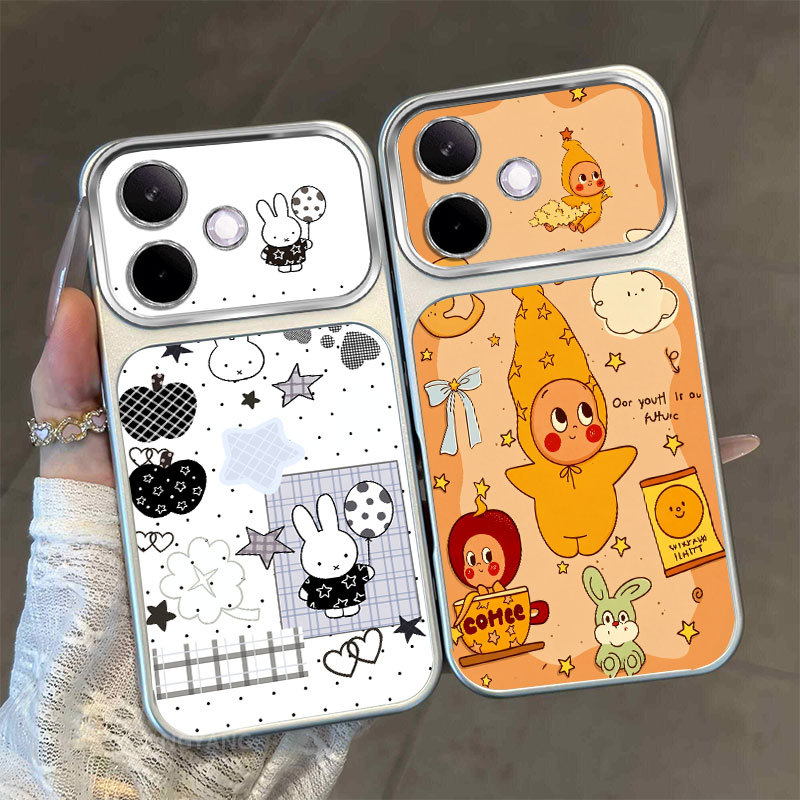 เคสสําหรับ OPPO A6C 4G เคสโทรศัพท์ฝ้าระดับไฮเอนด์หน้าต่างขนาดใหญ่พร้อมดีไซน์ลายดาวและกระต่ายน่ารัก