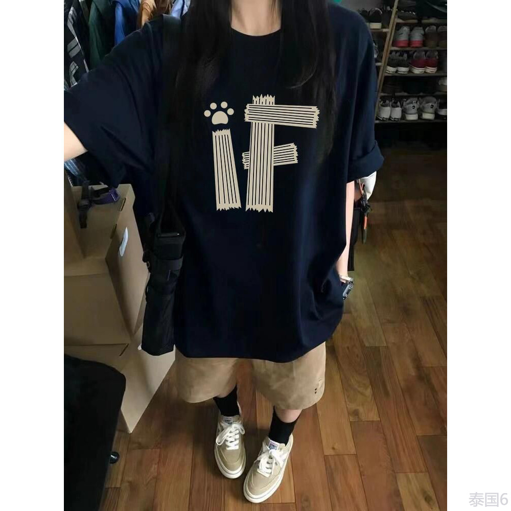 COD (จัดส่งในกรุงเทพฯ) MAO Shop 美式复古纯棉字母印花宽松藏青色短袖T恤女夏季宽松情侣半袖上衣