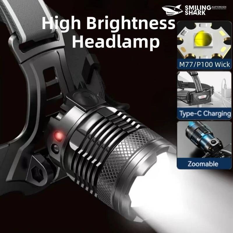 Smiling Shark TD8018 ไฟหน้าชาร์จไฟได้, มีเซ็นเซอร์ตรวจจับการเคลื่อนไหว เหมาะสำหรับตั้งแคมป์และตกปลา