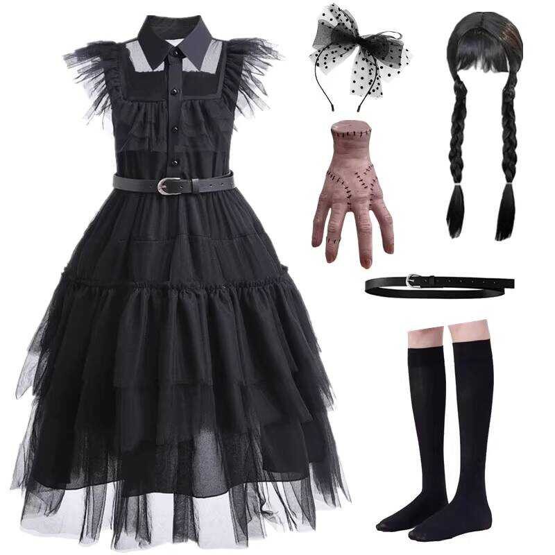 ชุดฮัลโลวีน.Adam's Family Wednesday สีดำ สำหรับเด็ก พร้อมสวมใส่สนุก!