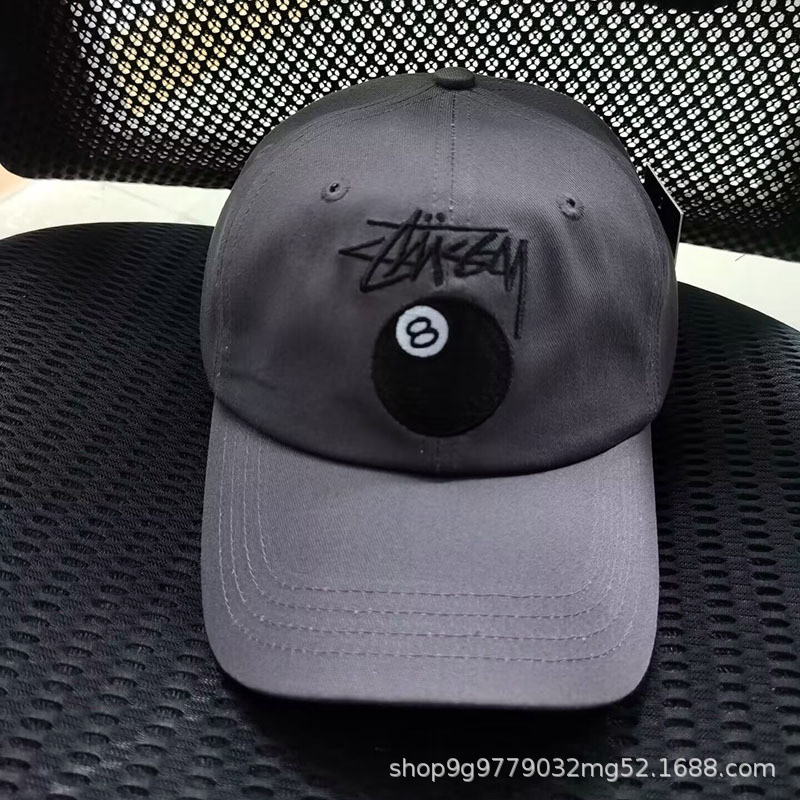 New_Stus*y Black 8 เบสบอลหมวกปักเบสบอลหมวกคู่ All-Match Letter หมวกใหม่ผู้ชายและผู้หญิงแฟชั่น