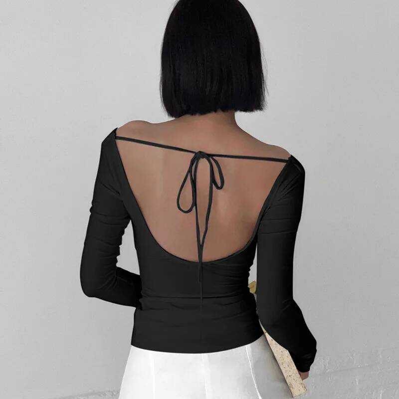 ▥ 2025 Ropa Mujerผ้าพันคอbackless Tเสื้อผู้หญิงเสื้อผ้าเสื้อแขนยาวteesเกาหลีcamisetas Slashคอเซ