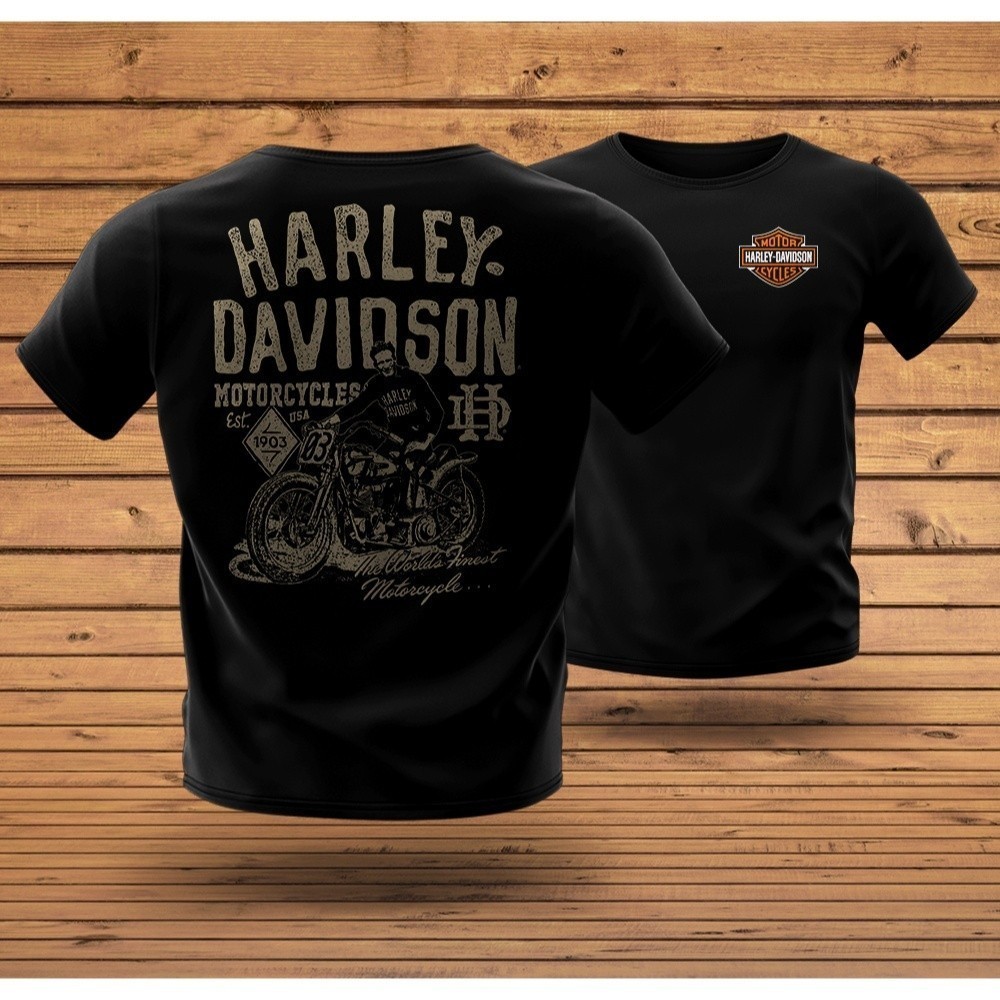 เสื้อยืดวินเทจ Harley Davidson มอเตอร์ไซค์คอกลมแขนสั้นคอตตอนพรีเมียม