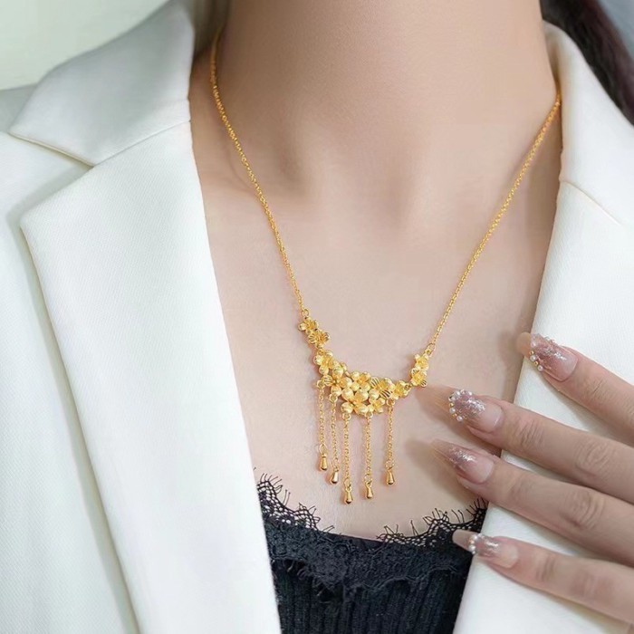 9999 real gold 24K yellow gold Flower and Moon Routine Tassel Chain Necklace Wedding 2 4LI