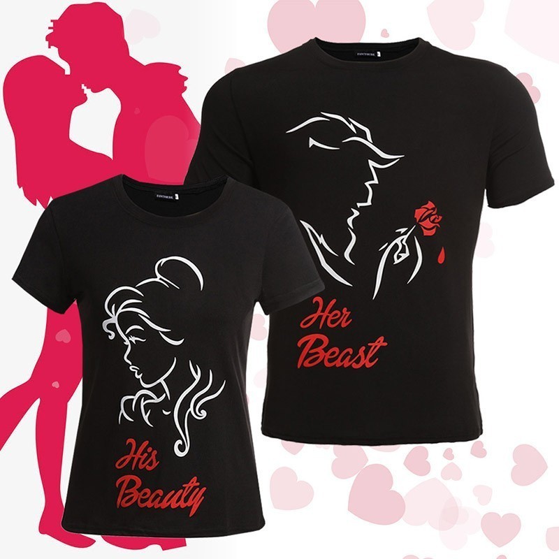 ใหม่ Beauty His Her Beast Couple Graphic T-shirt Tees