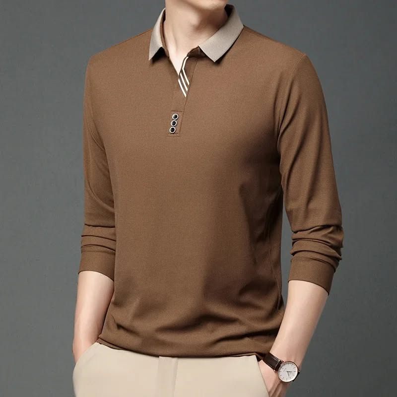 ผู้ชายสีเทาลายแขนยาวเสื้อโปโลออกแบบกระเป๋าผ้าระบายอากาศด้านบนสบายๆ CZ