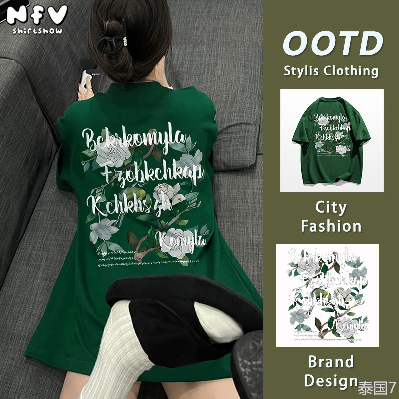 NFV ส่งจากไทยมาใหม่เสื้อยืดแขนสั้น ลายเยอะ ลายดอกไม้ โอเวอร์ไซซ์ 100%cotton alphabettshirt YG989