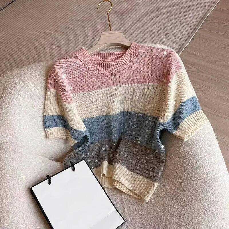 ▥ ลายเลื่อม Ropa De Mujer ฤดูร้อนใหม่ถักเสื้อผ้าผู้หญิงรอบคอแขนสั้นเสื้อผ้าตีสี Camisetas หวาน