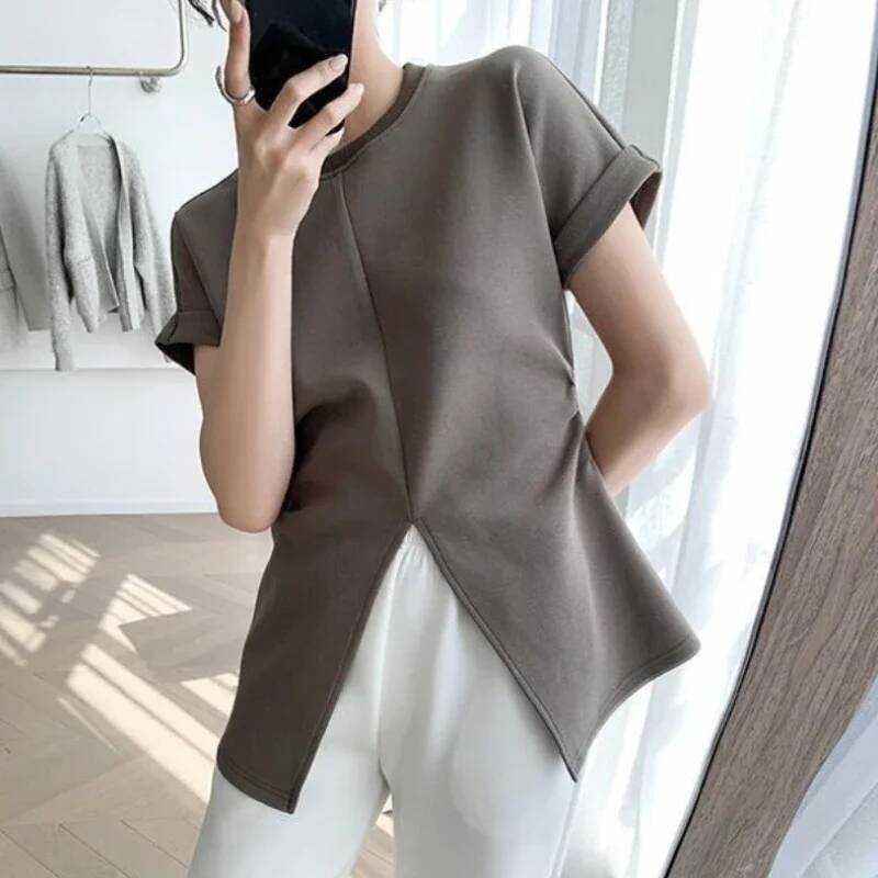 ▥ ฤดูร้อนใหม่จีบเสื้อผู้หญิงแฟชั่นทั้งหมดเสื้อแขนสั้นo-คอtees Casualแยกเสื้อt 2025 Ropa Mujer