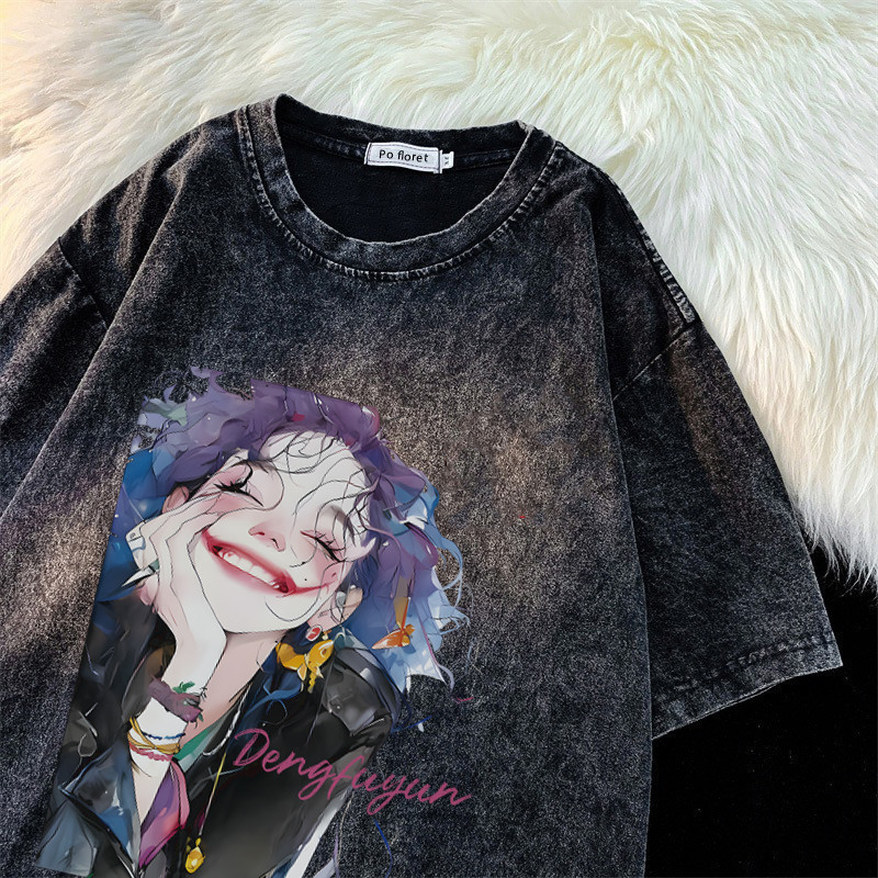 （จัดส่งตลอด 24 ชั่วโมง）Fanfei เสื้อ Harley Quinn Pofloret เสื้อยืดฟอก oversize ผ้าฝ้าย100 โอเวอร์ไซ