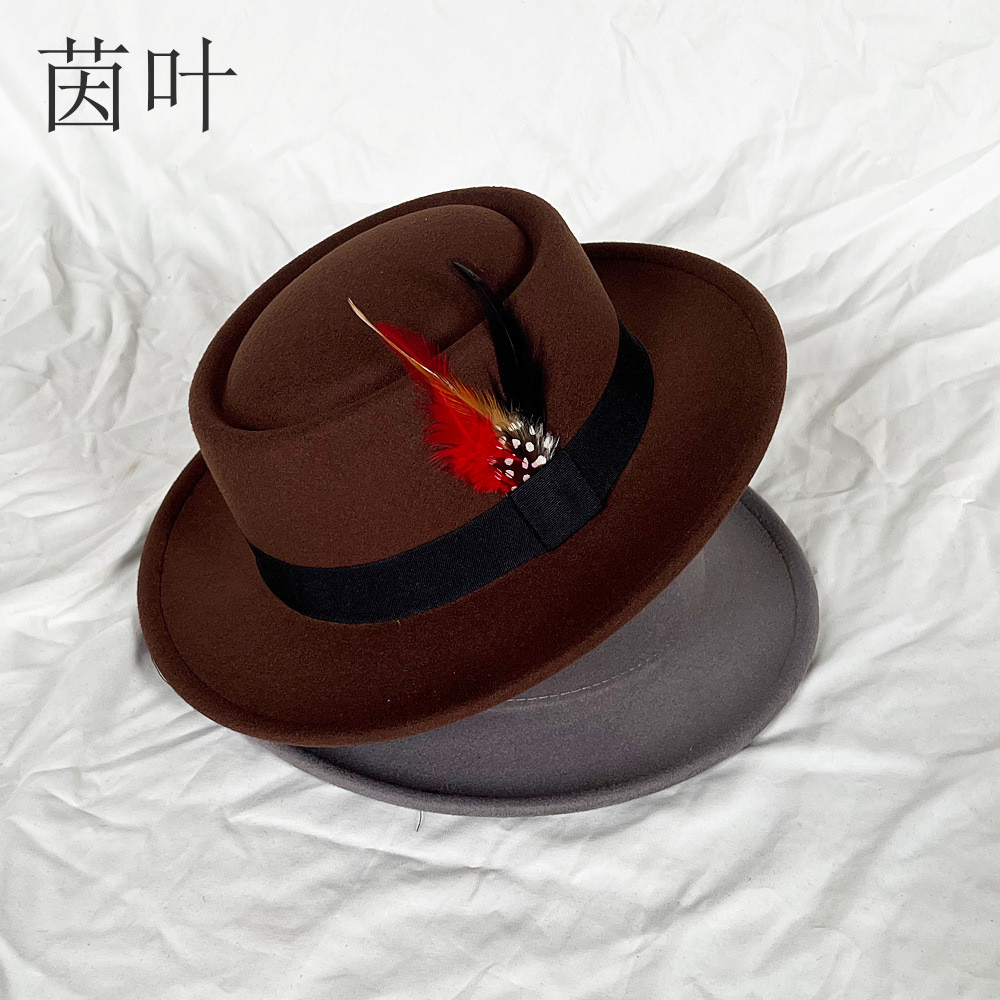 Feather Top Hat Small Flat Top Mens Felt Hat พายหมู Old White Extinction Poison Top Hat