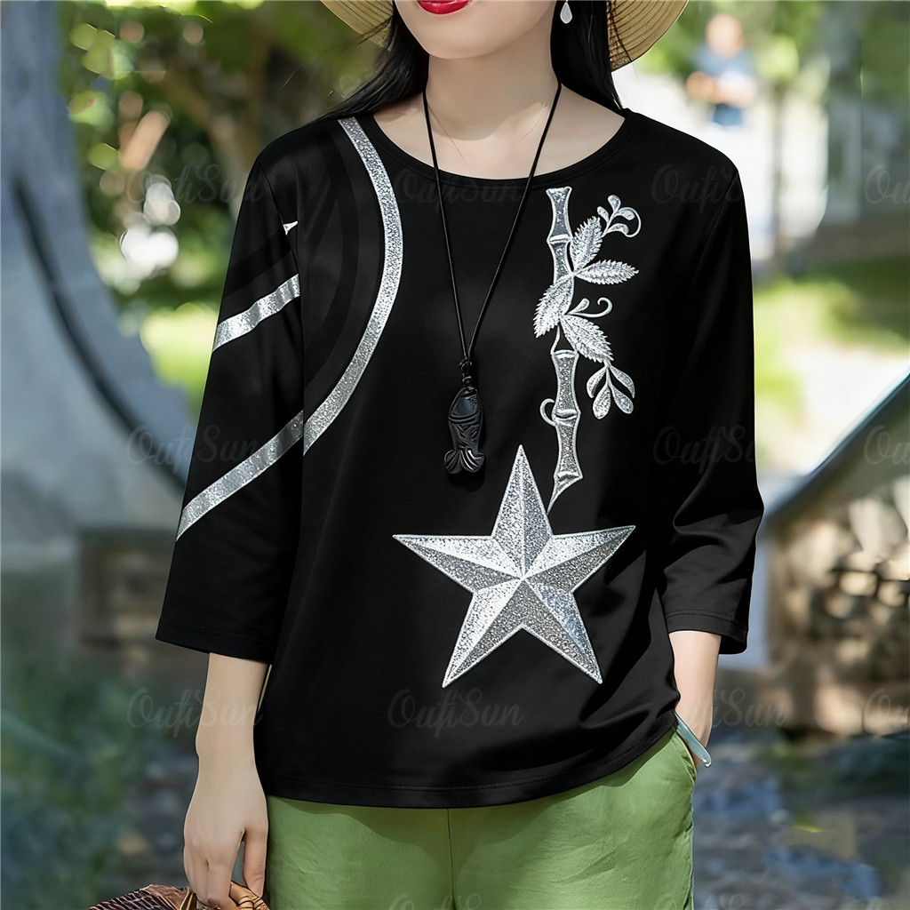 เสื้อยืดสีดำผู้หญิง สไตล์หรูกะทันหัน สบายและอ่อนนุ่ม - รูปที่ 2