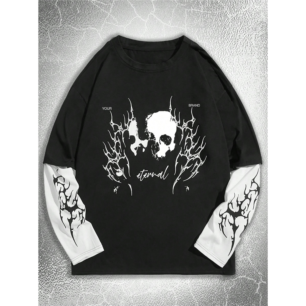 ROMWE MEN Goth Teen Boys Skull พิมพ์ลูกเรือคอแขนยาวลําลองเสื้อยืด
