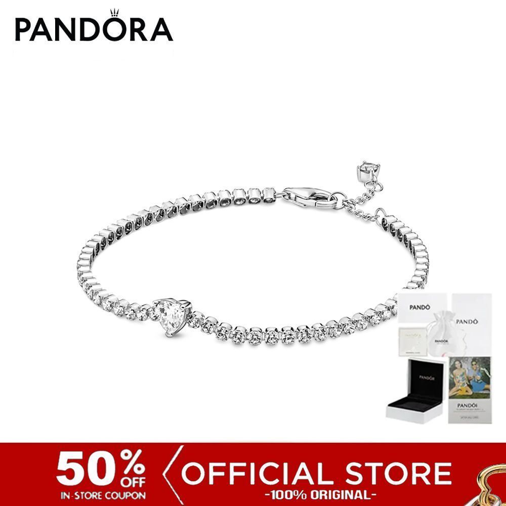 (ของแท้100%) Pandora Heart Sterling Silver Tennis Bracelet With Clear Cubic Zirconia เครื่องประดับ สร้อยข้อมือ สีเงิน