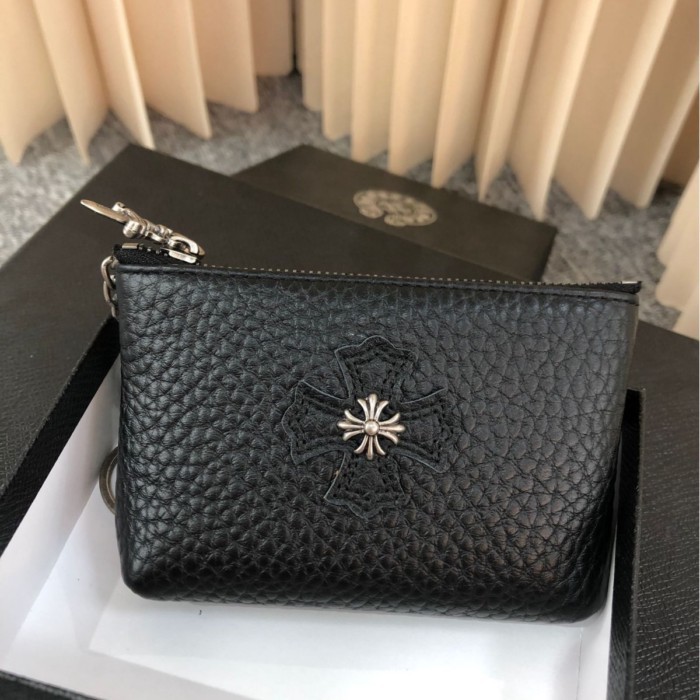 Chrome Hearts Chrome Cross กระเป๋าใส่เหรียญหนังแท้ผู้ถือบัตรคลัทช์ซิปกระเป๋าเก็บ Cowhide มัลติฟังก์ช