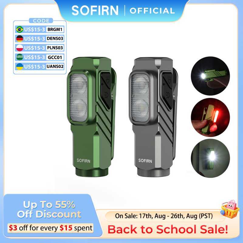 SOFIRN ST10 1000lm Mini Clamp ไฟฉาย 144 M 7000K ไฟ LED 14500 USB C ชาร์จสีขาวและสีแดงโคมไฟ IPX6 พร้อ