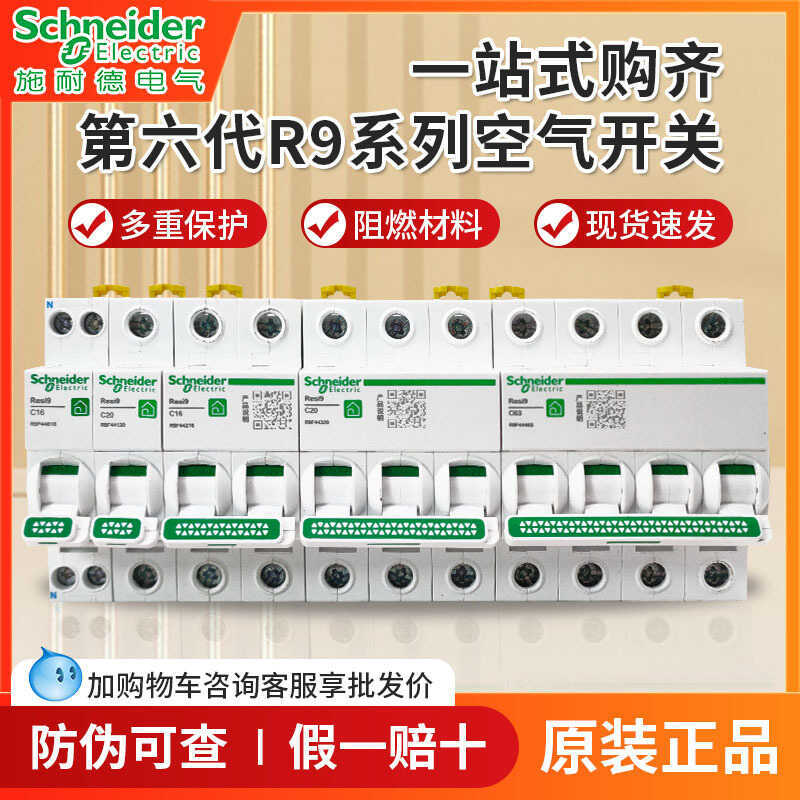 Schneider R9 Series Air Switch 1P + N Circuit Breaker 2P63A Air เปิด 1P3P4P40A สวิตช์ในครัวเรือน