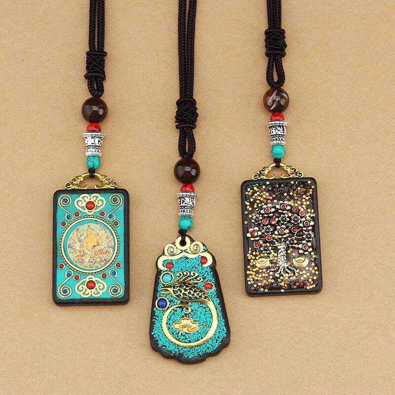 เนปาลทิเบต Thangka Ebony Amulet สร้อยคอเสริมดวงความโชคดีสำหรับผู้ชายและผู้หญิง