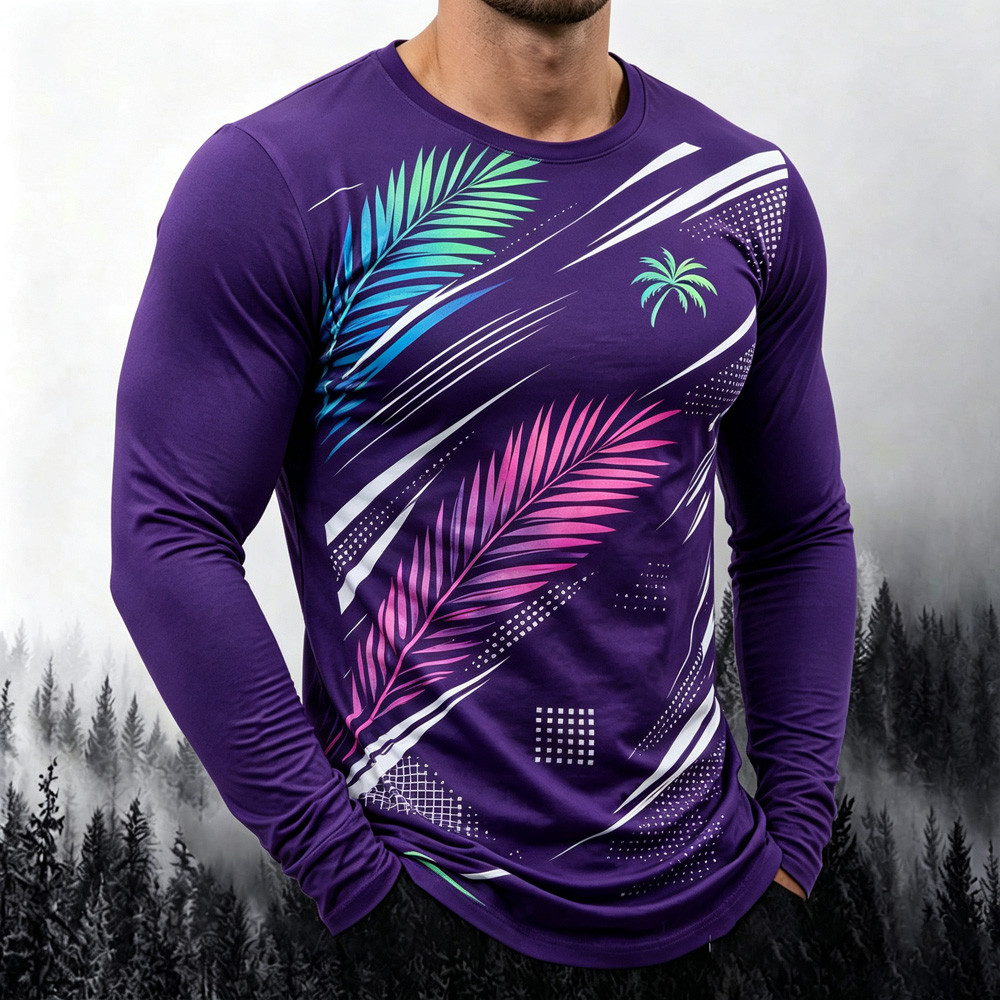 ใหม่กีฬาผู้ชายแขนยาวลูกเรือคอTee Breathable COZYบราซิลAcaiผลไม้พิมพ์กราฟิกหัตถกรรมเรขาคณิตStreakฤดูร