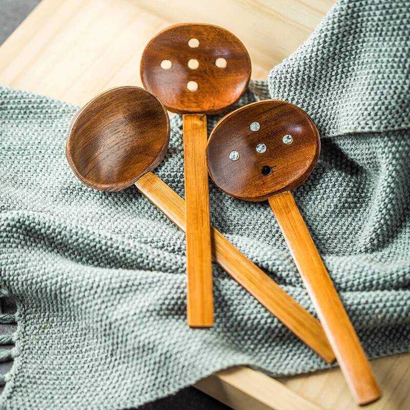 Kitchen Ladles Soup Spoon Japanese Wood Serving Spoons Big Ramen Spoon Soup Noodle Hop Pot Strainer