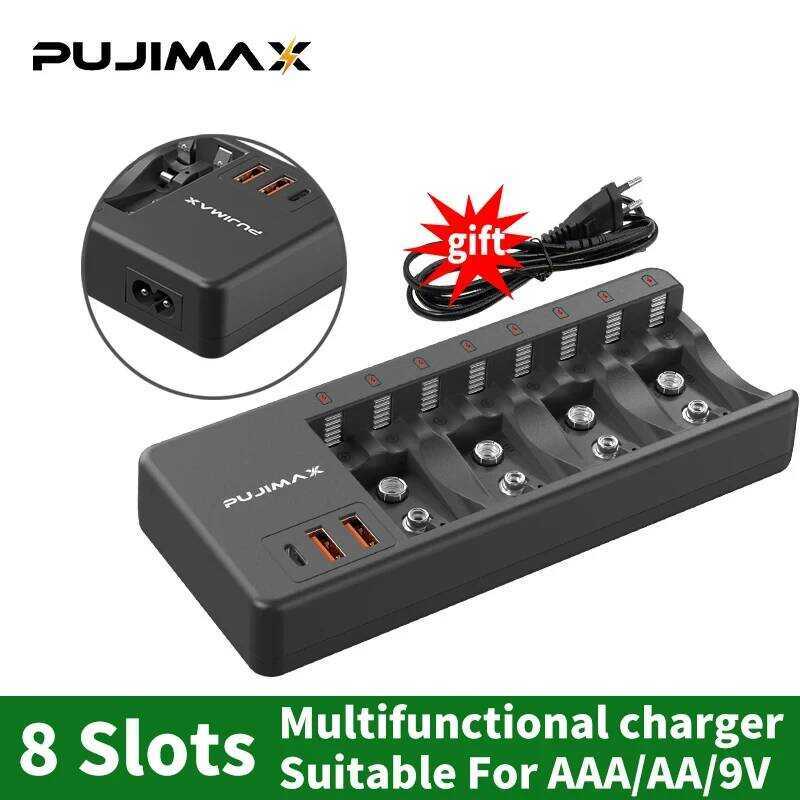 PUJIMAX 8-Slot Multi-charger พร้อมสาย AC แบตเตอรี่ 1.2V Ni-MH/Ni-Cd/9V Li-ion ชาร์จ Fast Charging Ch