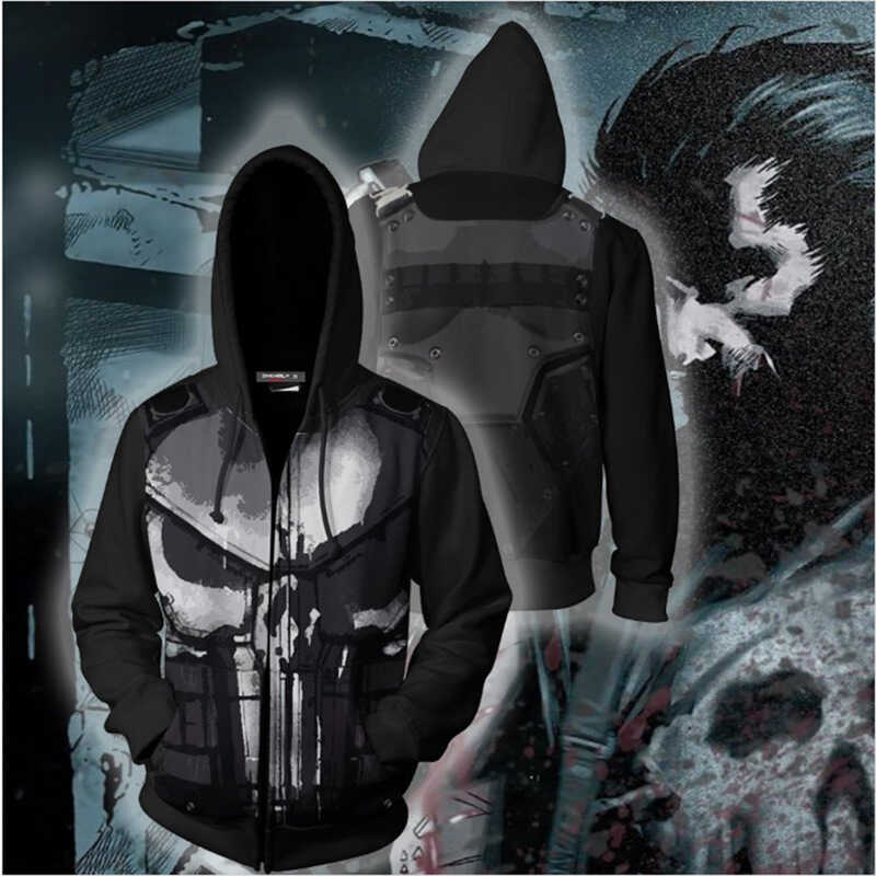 W 3D Printed Punisher Zip-Up Hoodie, Wholesale Source, Hooded Zip-Up Sweat