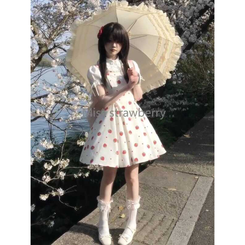 ▥ Summer Kawaii New Sweet Slim Strawberry Print Dress Women France Chic Braces A-e Lovely Dr