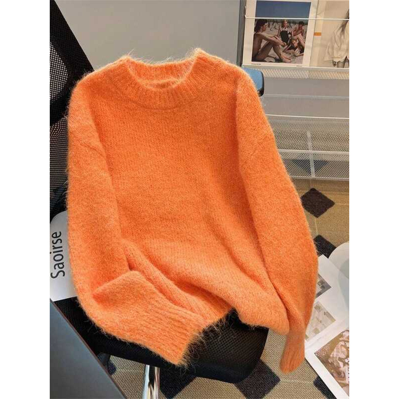 ▥ ผู้หญิงสีเขียวเสื้อกันหนาวharuku Y2kสีทึบแขนยาวo-คอถักเสื้อกันหนาว 90S Vintage 2000Sเสื้อผ้าฤ