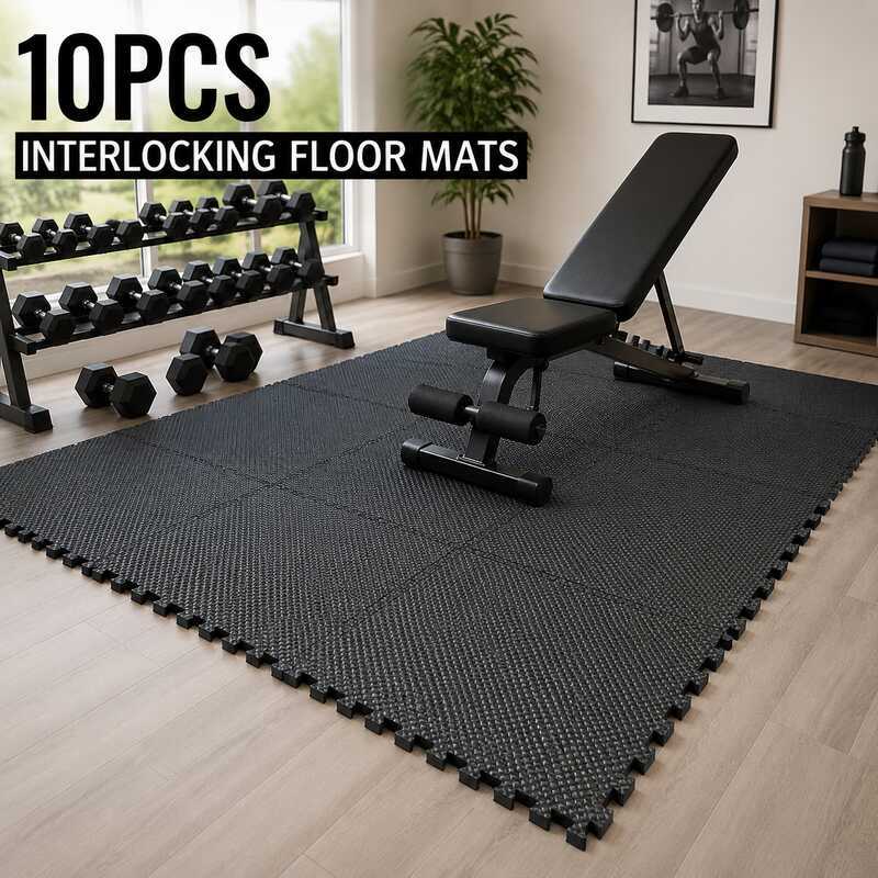 y, Bubble-Attached Workout Mat Set, Black - Durable, Heavy Gymnastics and Fitness Floor Protection,