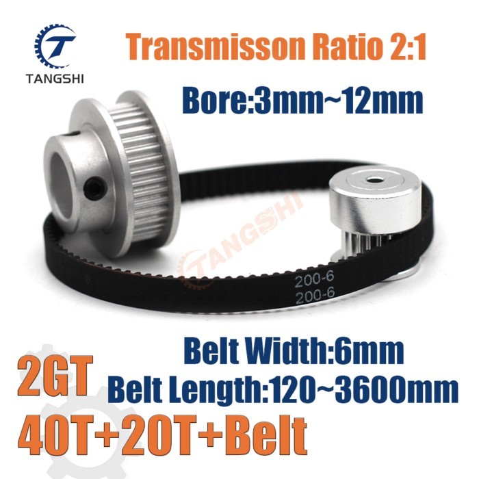 GT2 Timing Pulley Kit 40 Teeth 20 Teeth 1:2 Reduction Ratio Width 6mm Tensioning Wheel Synchronous