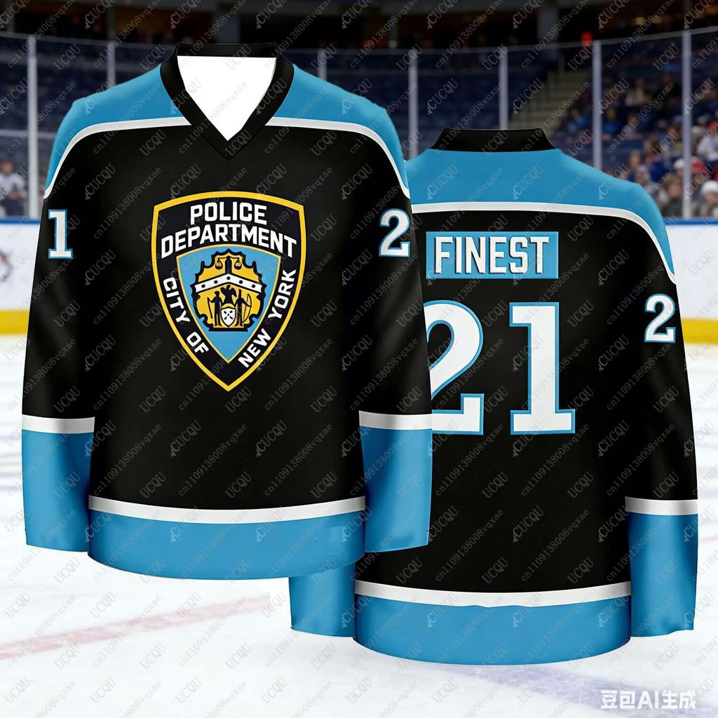 NYPD New York Police Department Ice Hockey เสื้อยืด, Finest 21 หมายเลขพิมพ์ V คอแขนยาวเสื้อกีฬาผู้ชา