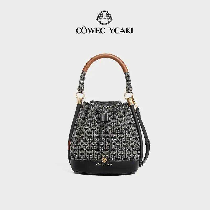 [Cywe 004]Côwec YCAKI กระเป๋าถือไหล่เดียว แฟชั่น ความจุมาก กระเป๋าถัง Jacquard สีดำ วัสดุผ้าสีดำ เนื