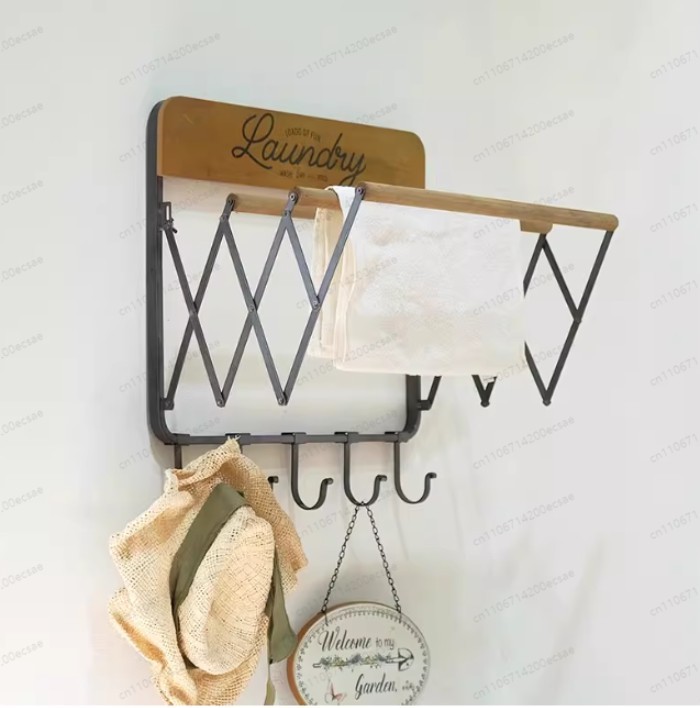 Accordion Laundry Rack, Retractable Wall Rack, 3 Poles and 5 Hooks