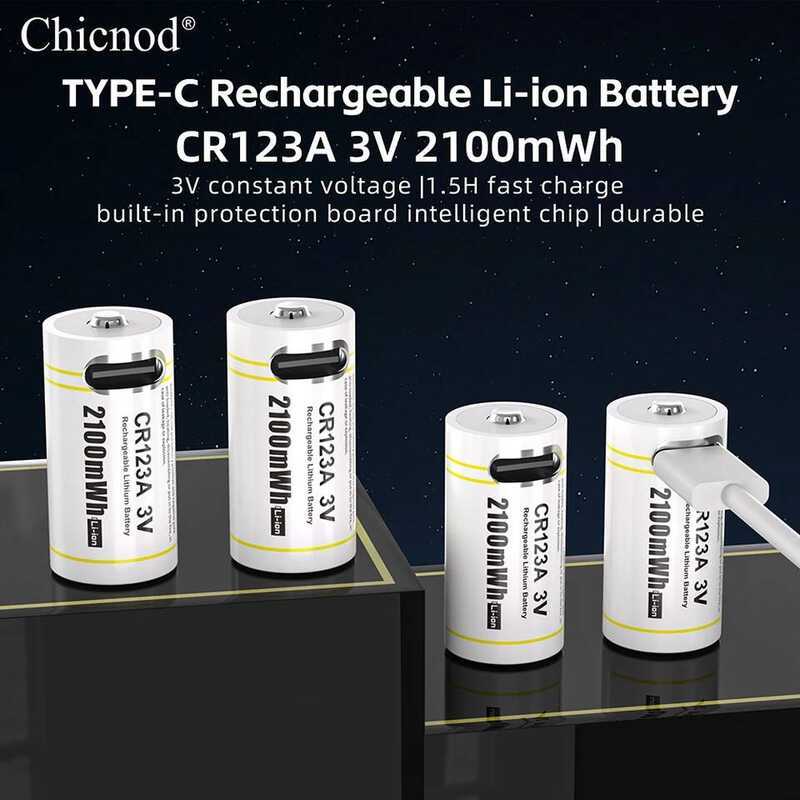 แบตเตอรี่แบบชาร์จได้ CHICNOD CR123A ความจุ 2100mWh 3V แบตเตอรี่ลิเธียมไอออน พร้อมสายชาร์จ Type-C รุ่