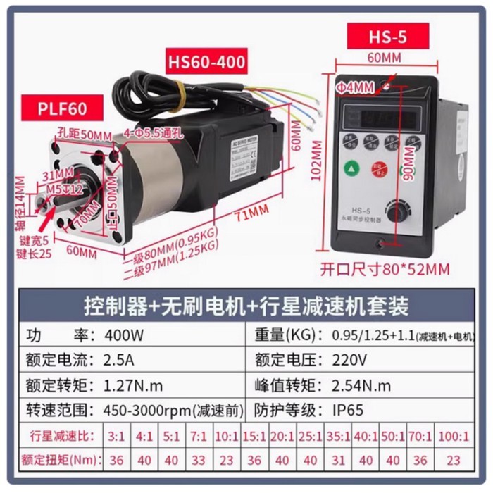 AC220W 400W 600W 750W High Voltage Brushless Servo Motor+HS-5 Brushless Controller+Planetary Reduct