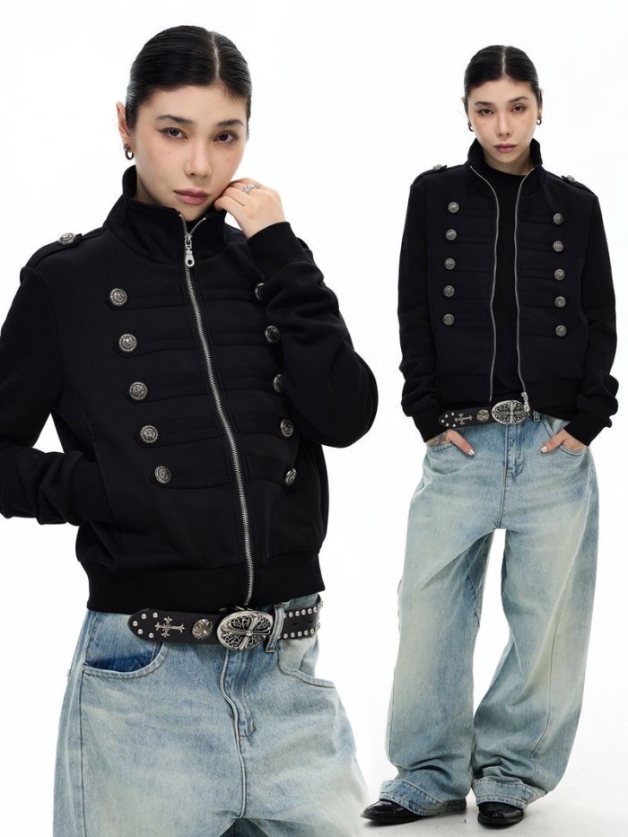 American Retro Double-Breasted Stand-Up Collar เสื้อกันหนาวสั้นฤดูใบไม้ร่วง Casual Zipper เสื้อแจ็คเก็ตผู้หญิงเสื้อสเวตเตอร์ถัก