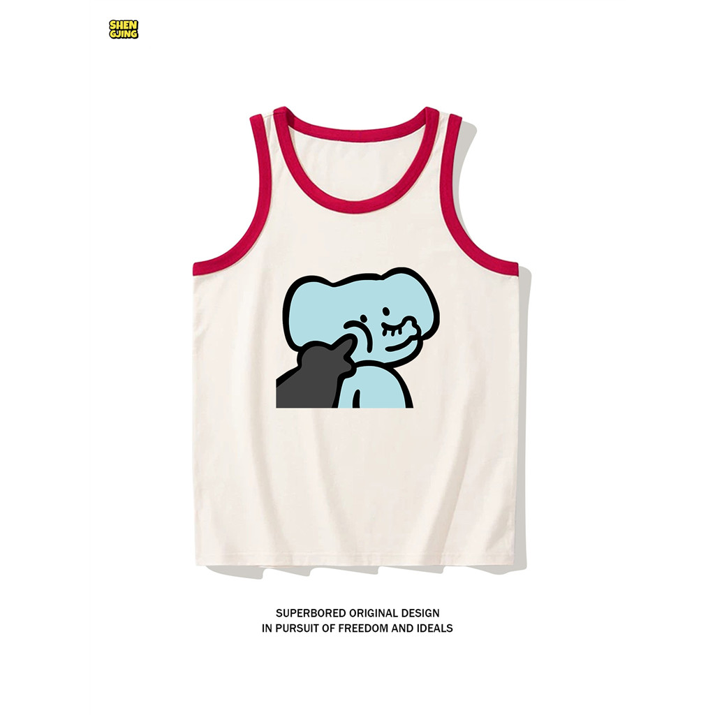 SJ-น่ารัก Elephant Cat Nuzzle Red Ringer โพลีเอสเตอร์ตาข่ายระบายอากาศเสื้อกล้าม