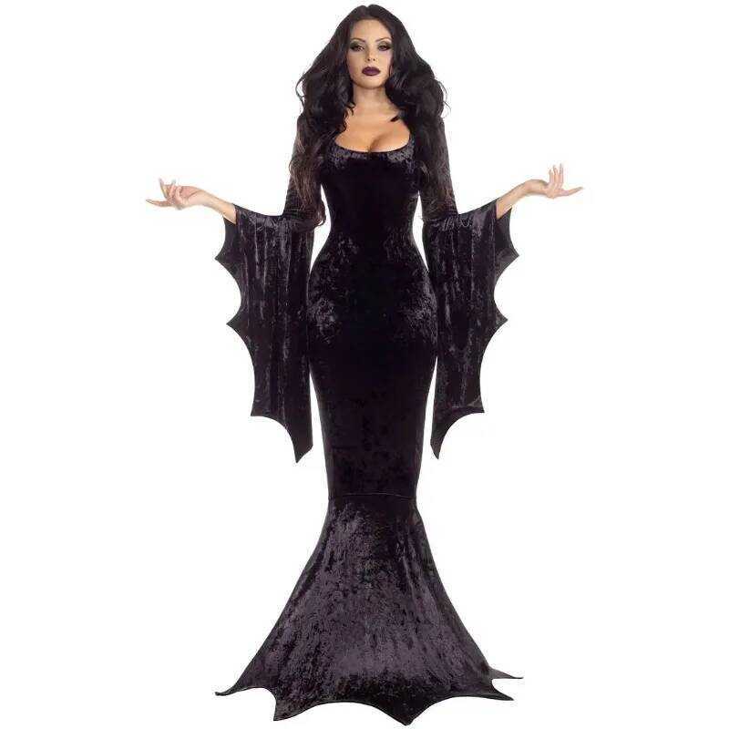 C Costume Morticia Addams Long Train Dress Halloween Terror Dark Outfit Gothic Gown Robe Bat Sleeve