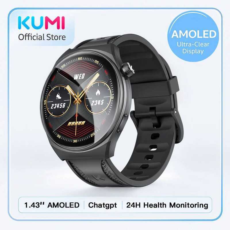 KUMI GW6 สมาร์ทวอทช์พร้อม ChatGPT AI Assistant, จอแสดงผล AMOLED 1.43", โทร Bluetooth, หน้า 100+, ตัว