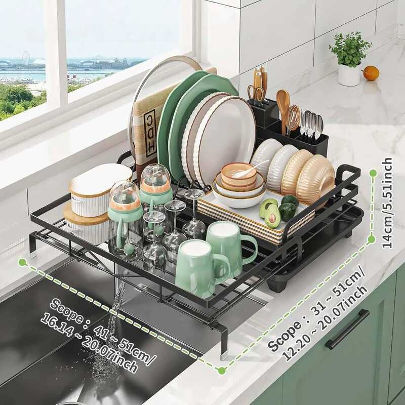 C Large Dish Drainer Rack - Double-Sided Extendable Dish Drainer, Sink Drainer Rack With 360° Rotat