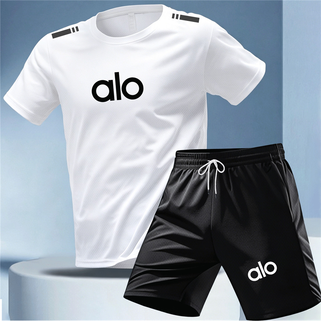 ALO โลโก้ Breathable เสื้อยืดและกางเกงขาสั้นสําหรับชายฟิตเนส Dry Fit เสื้อยืดสําหรับชายผ้าไหมน้ําแข็ง Quick-Drying วิ่งเสื้อสําหรับชายบาสเกตบอล Gym 2 ชิ้น