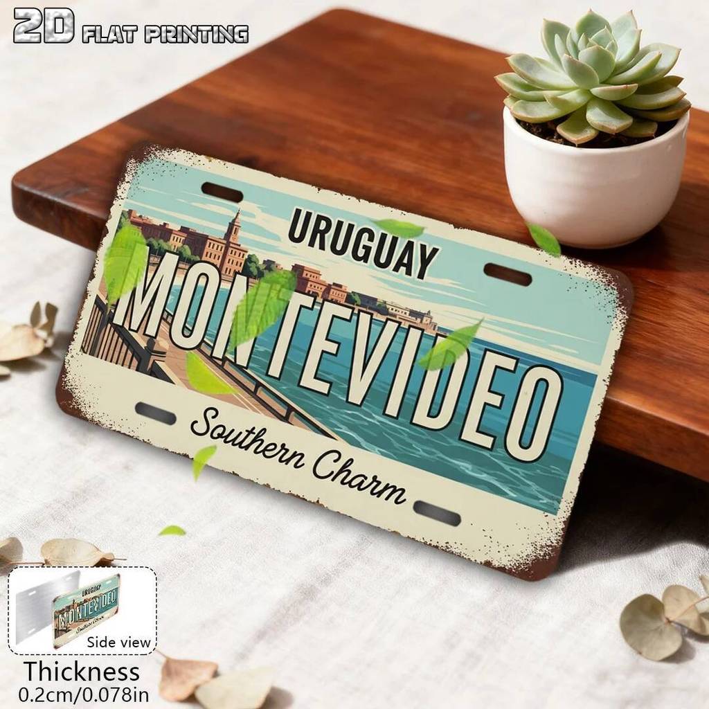 ป้ายติดผนัง 2D Flat, [2D Flat] 1 ชิ้น Vintage Montevideo Uruguya City Map & Landmarks Sign - Heavy-D