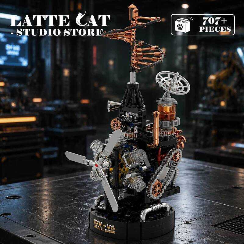 V8 Engine Building Blocks Toys Mecha Helicopter V6 Motor MOC Bricks Simulation 3D Model Adult Teens