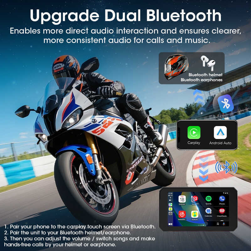 จอแสดงผลนำทางสำหรับมอเตอร์ไซค์ Jansite ขนาด 5 นิ้ว รองรับ Wireless Carplay และ Android Auto กันน้ำร
