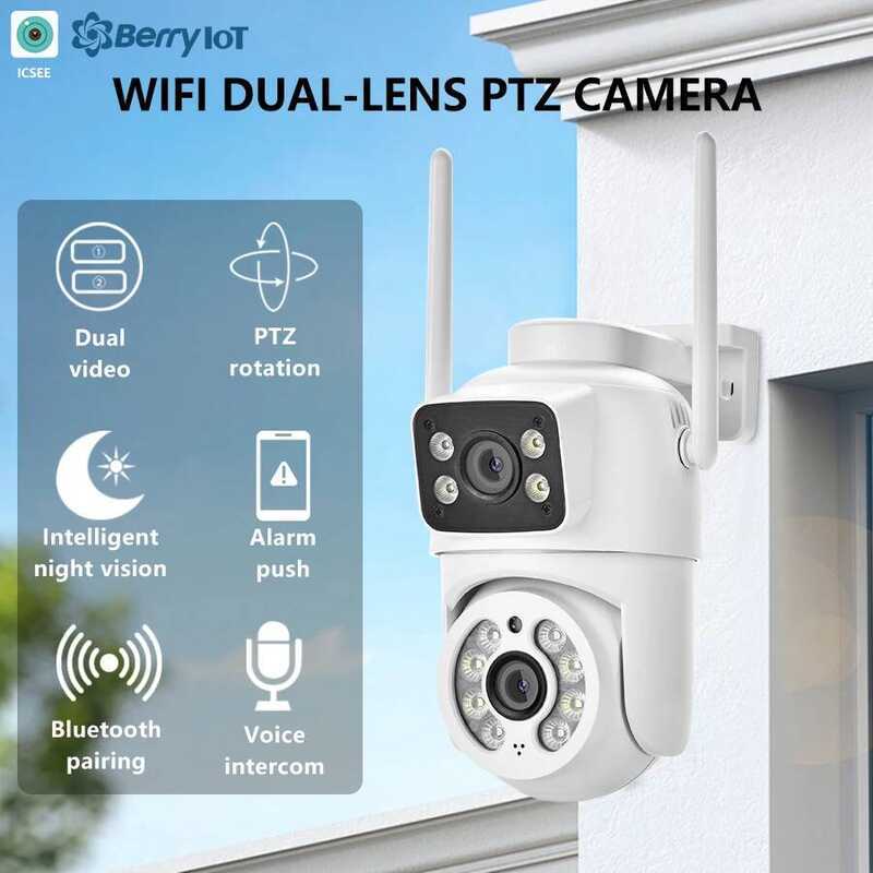 กล้องวงจรปิดภายนอกกันน้ำ 4MP เลนส์คู่ หน้าจอคู่ ติดตามอัตโนมัติ กล้อง IP วิดีโอ Wifi PTZ CCTV พร้อมร