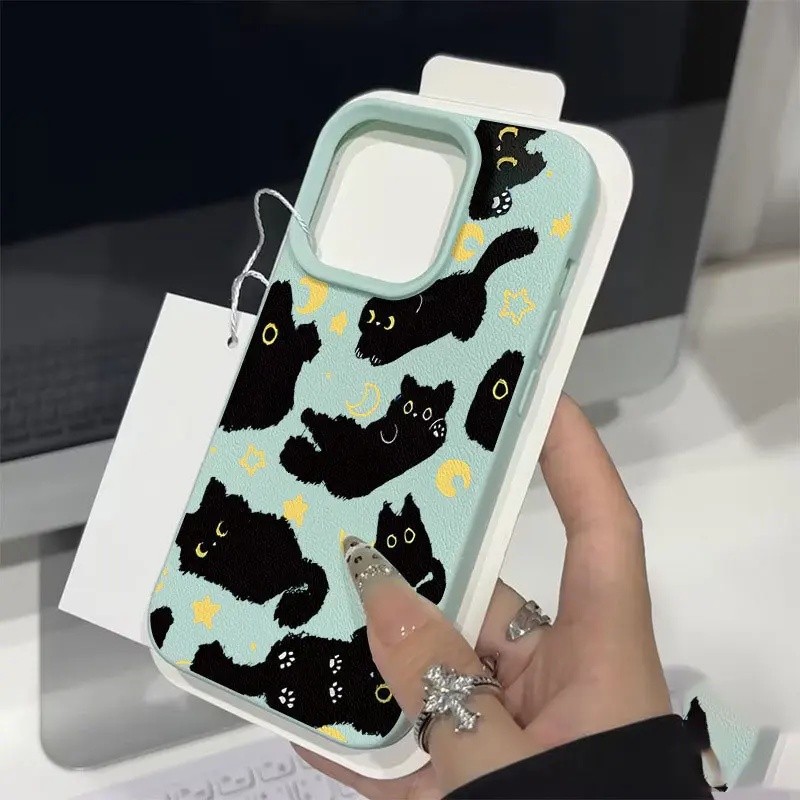 For iPhone 17, Air, 11, 13, 16, 15, 12, 14 Pro Max, XR, XS, XMax 8 Plus, cool black phone case with cartoon cat design