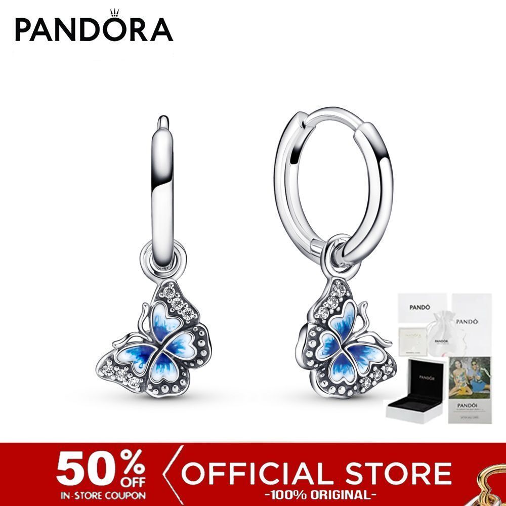 (ของแท้100%) Pandora Butterfly Sterling Silver Hoop Earrings With Clear Cubic Zirconia Shaded Blue And White Enamel
