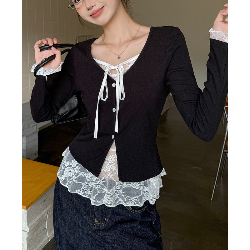 95563 เสื้อยืดแขนยาวเย็บลูกไม้ Slimmer Look