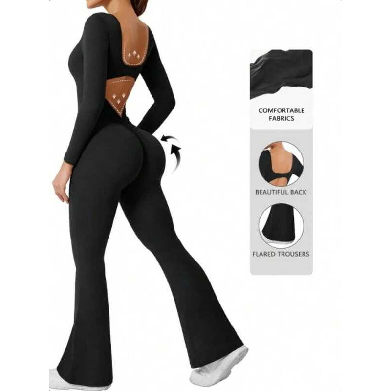 color long sleeved compression exercise jumpsuit women's sportswear bell bottom pants sexy push up