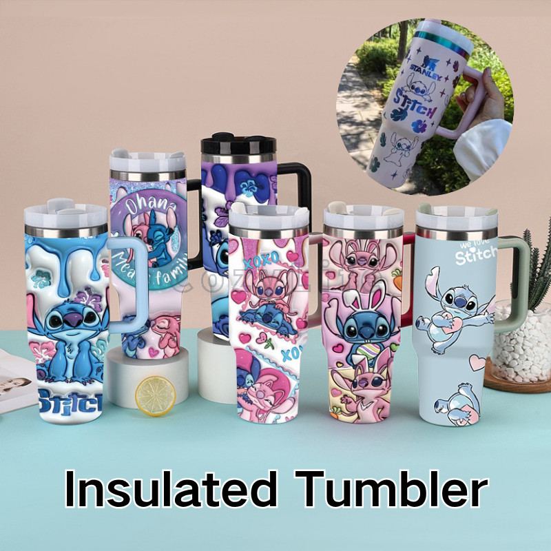 Disney Stitch & Angel 40Oz แก้วน้ําหุ้มฉนวนพร้อมที่จับ - แก้วน้ําสแตนเลส เก็บความเย็นร้อนหรือเย็น รว